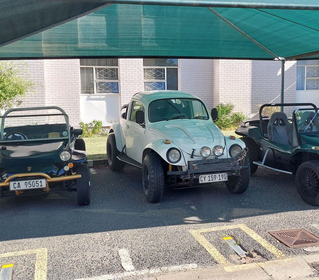 Andre Welsh’s custom white VW Baja Bug Bakkie pickup conversion parked at the Wild Buggers Beach Buggy Club charity event.