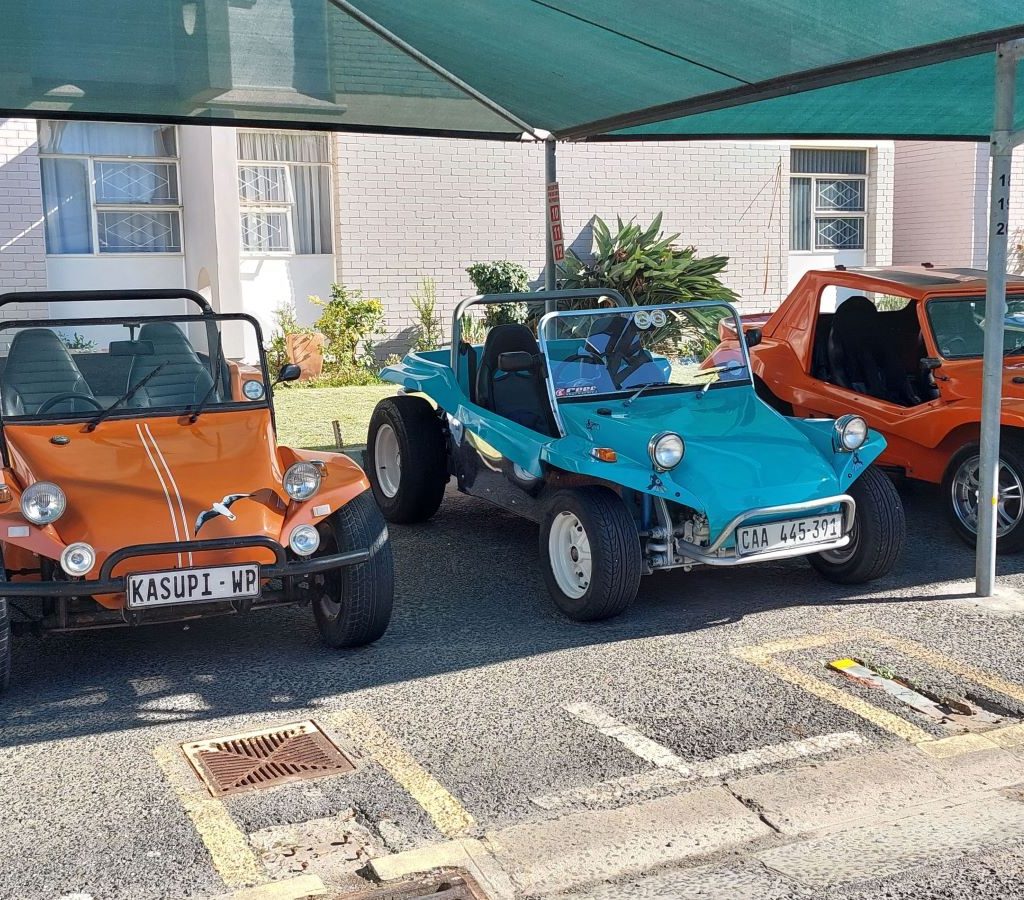 Multiple colorful Beach Buggies parked in a row at a Wild Buggers Beach Buggy Club charity gathering.