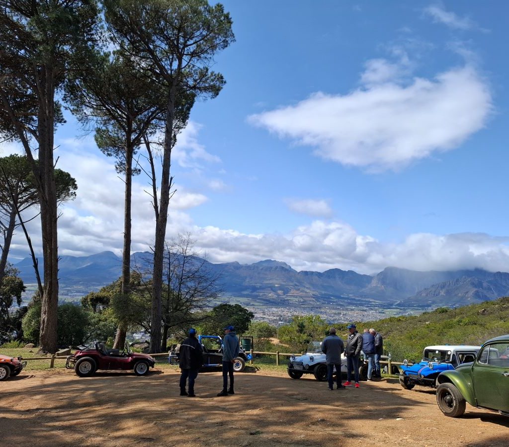 Six Wild Buggers beach buggies parked with mountains and trees in the background.