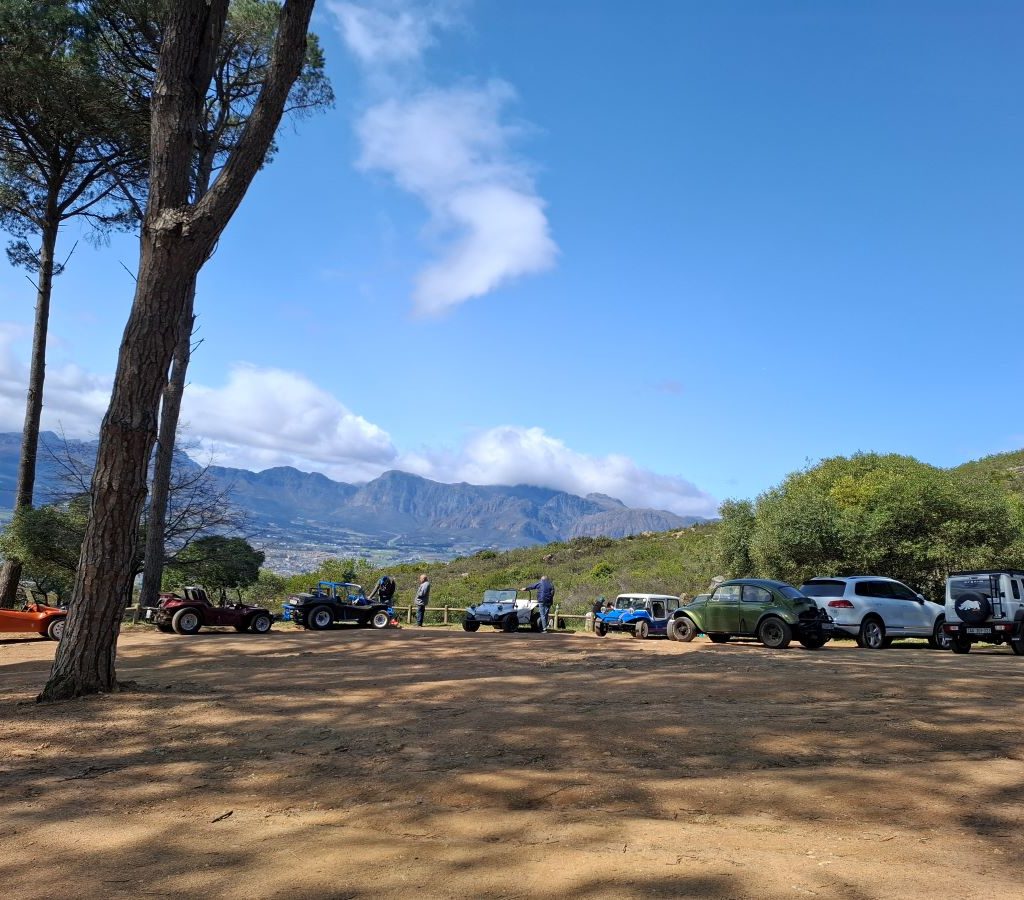 A group of Wild Buggers beach buggies parked with a scenic mountain backdrop.
