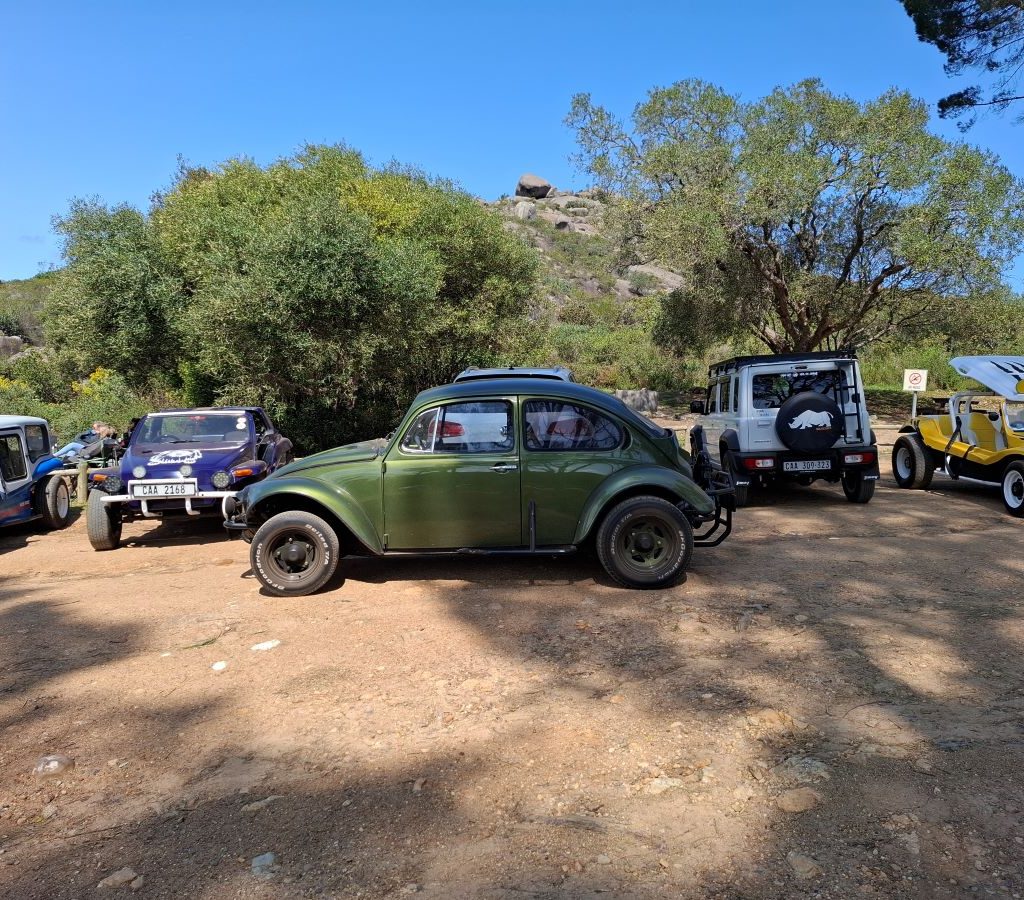 Mickey’s green Baja Bug parked alongside other Wild Buggers beach buggies.