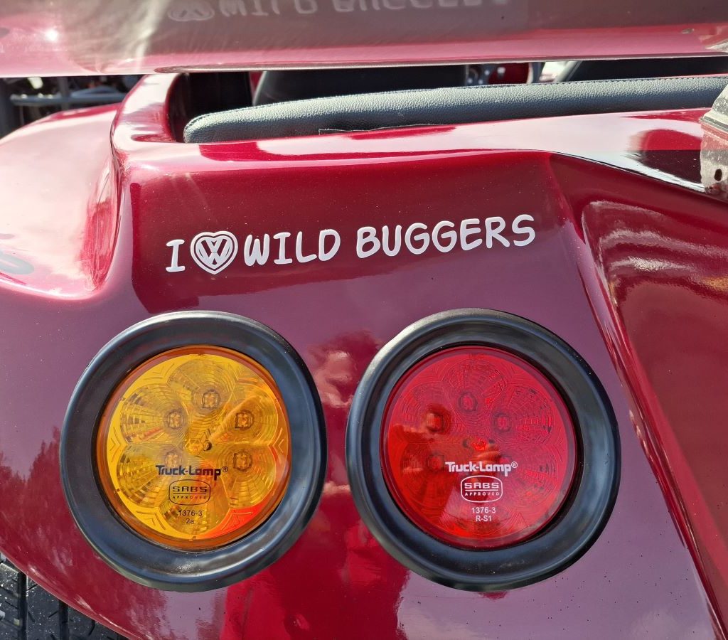 "I love Wild Buggers" sticker created by Solandra and placed on her beach buggy during the Wild Buggers Paarl Run.