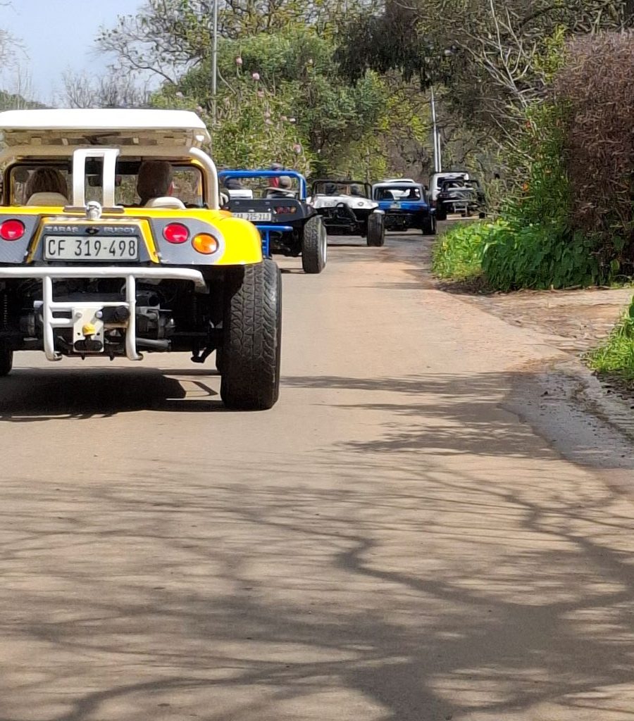 A line of Wild Buggers beach buggies driving up the mountain in Paarl on a gravel road.