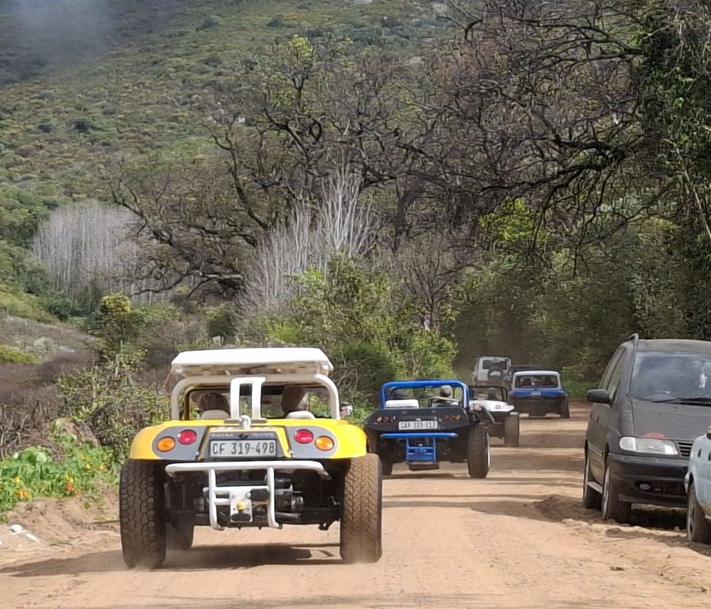 A rear view of the Wild Buggers beach buggies driving up the mountain on a gravel road in Paarl.