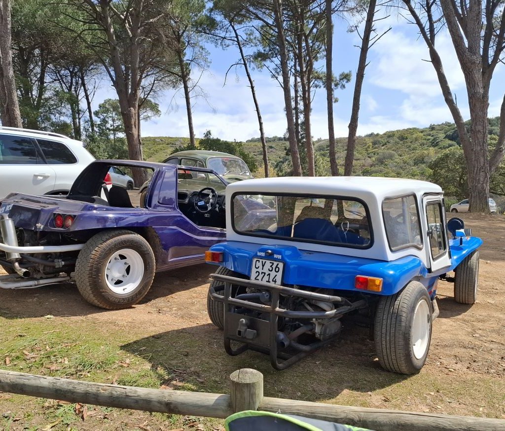 Jessie Huggett's blue beach buggy and Erica's purple Kango buggy, Ice Ice Baby, parked together at a Wild Buggers event.