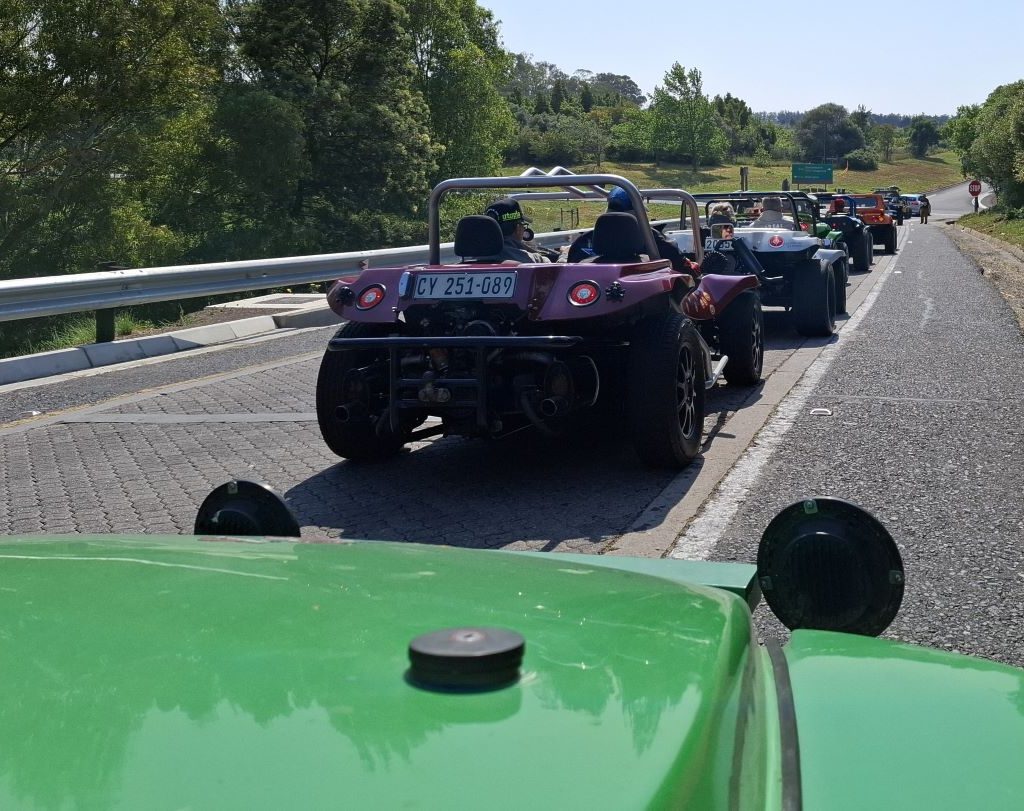 A line of beach buggies waiting to cross the stop street during the Wild Buggers Winelands Breakfast Run.