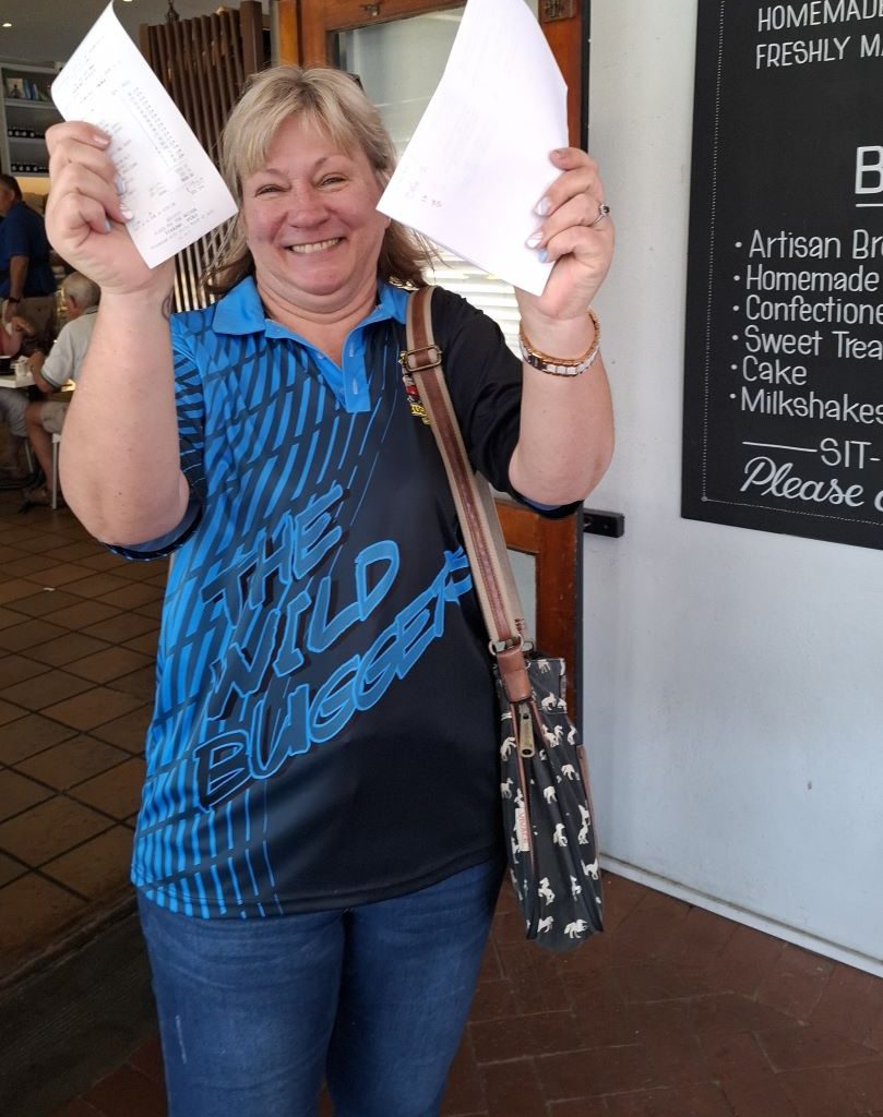 Sandra Zara smiling happily after all the bills were paid during the Winelands Breakfast Run.