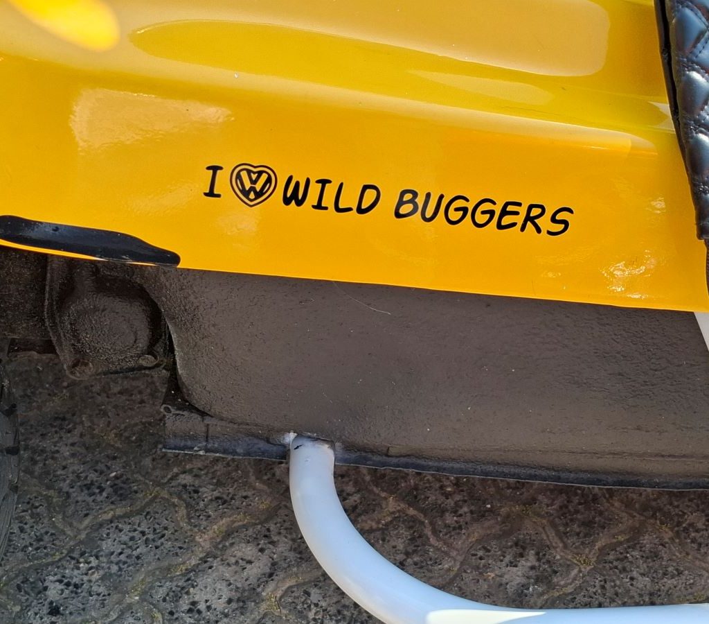 "I love Wild Buggers" sticker on Anthony's beach buggy during the Winelands Breakfast Run.