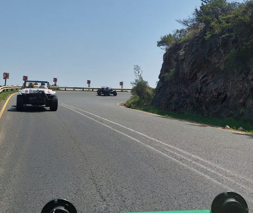 Wild Buggers beach buggies driving through the mountain pass during the Winelands Breakfast Run.