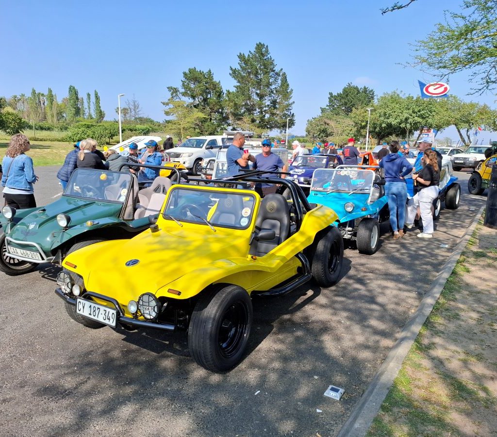 Beach buggies parked at Engen Winelands 1 Stop, ready for the scenic Winelands Breakfast Run.
