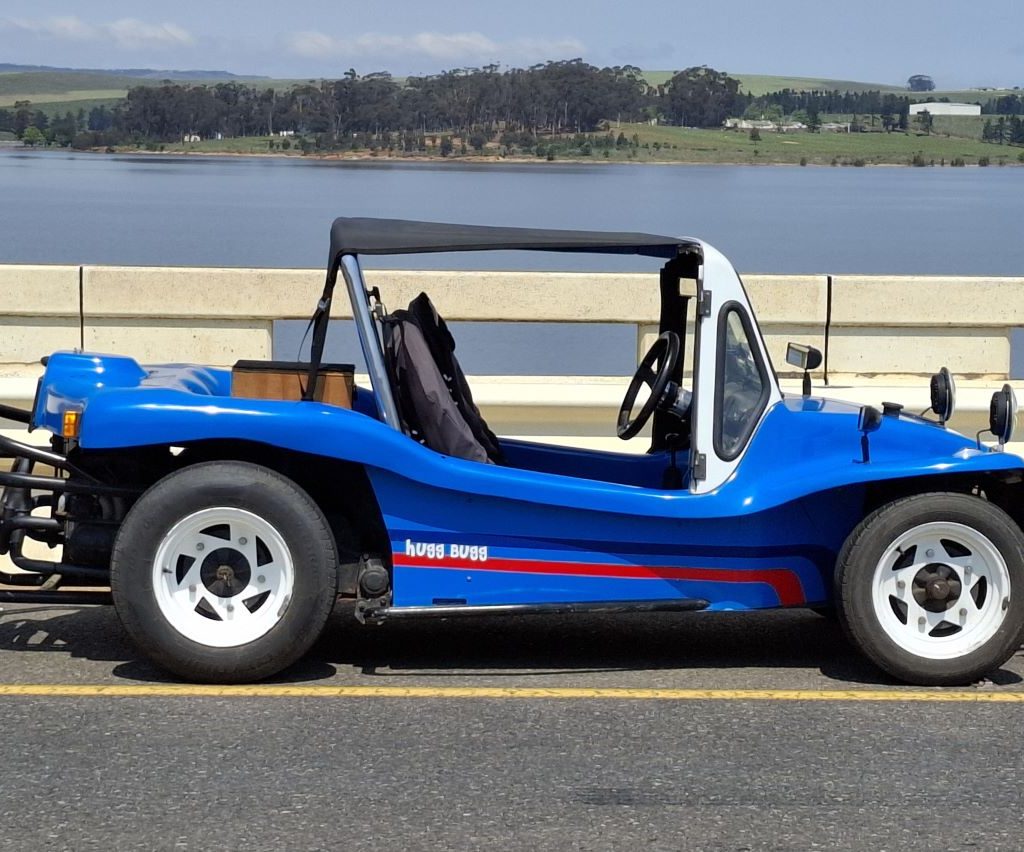 Jessie Huggett’s blue Kestrel KartKraft beach buggy, Hugg Bugg, during the Wild Buggers Winelands Breakfast Run.