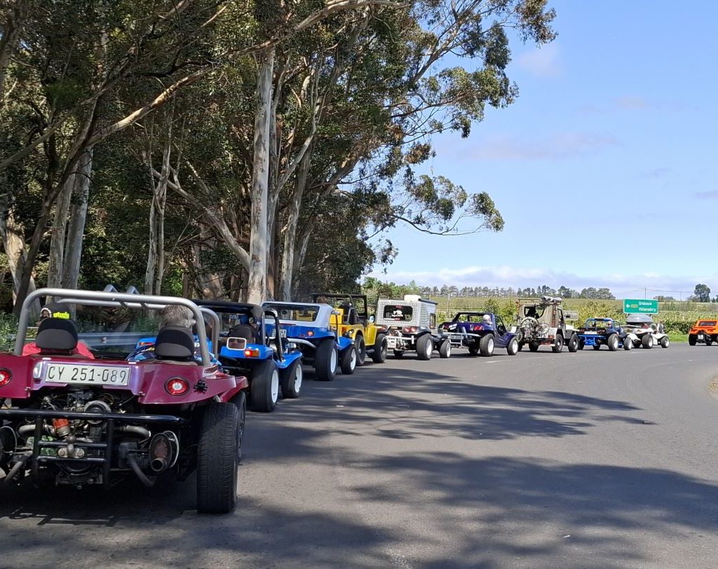 A convoy of beach buggies driving during the Wild Buggers Winelands Breakfast Run.