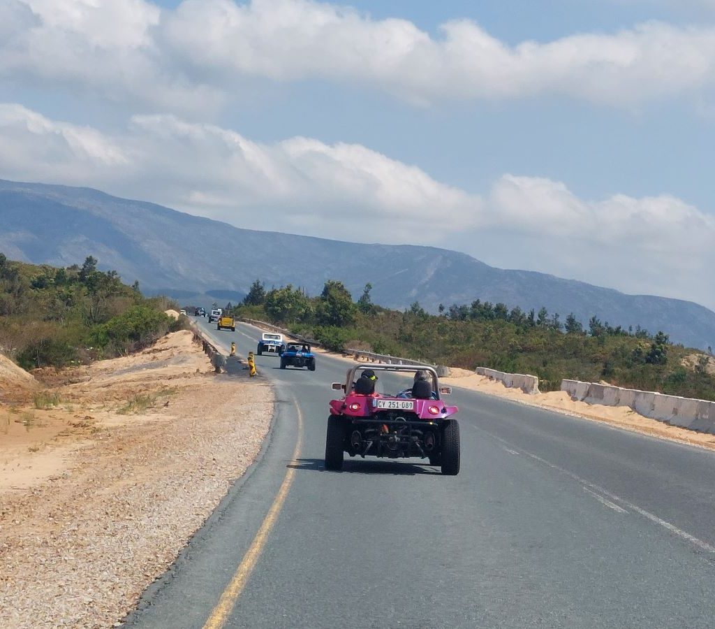 A convoy of beach buggies cruising through scenic roads during the Wild Buggers Winelands Breakfast Run.