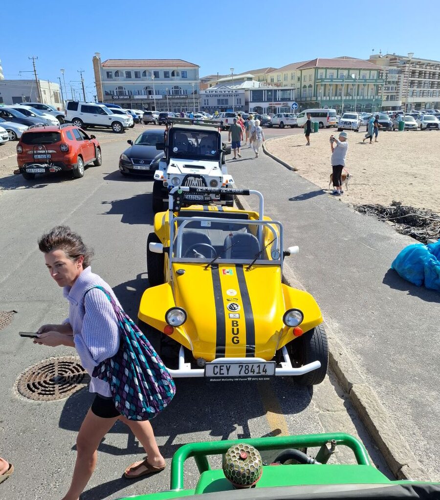 Anton Kleyn's perspective from the roof of his "Shrek" Kango beach buggy, capturing Faizal's Jeep and Wiehann's "Bug" Beamish beach buggy at Surfers Corner during the Wild Buggers Valentine's Day run.