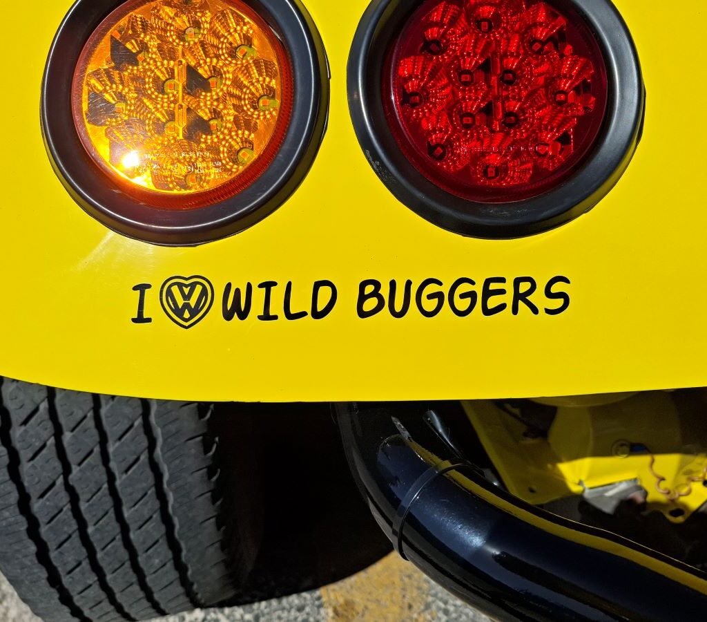 Close-up of "I ♥ Wild Buggers" stickers on a classic VW during the Wild Buggers Valentine's Day run.