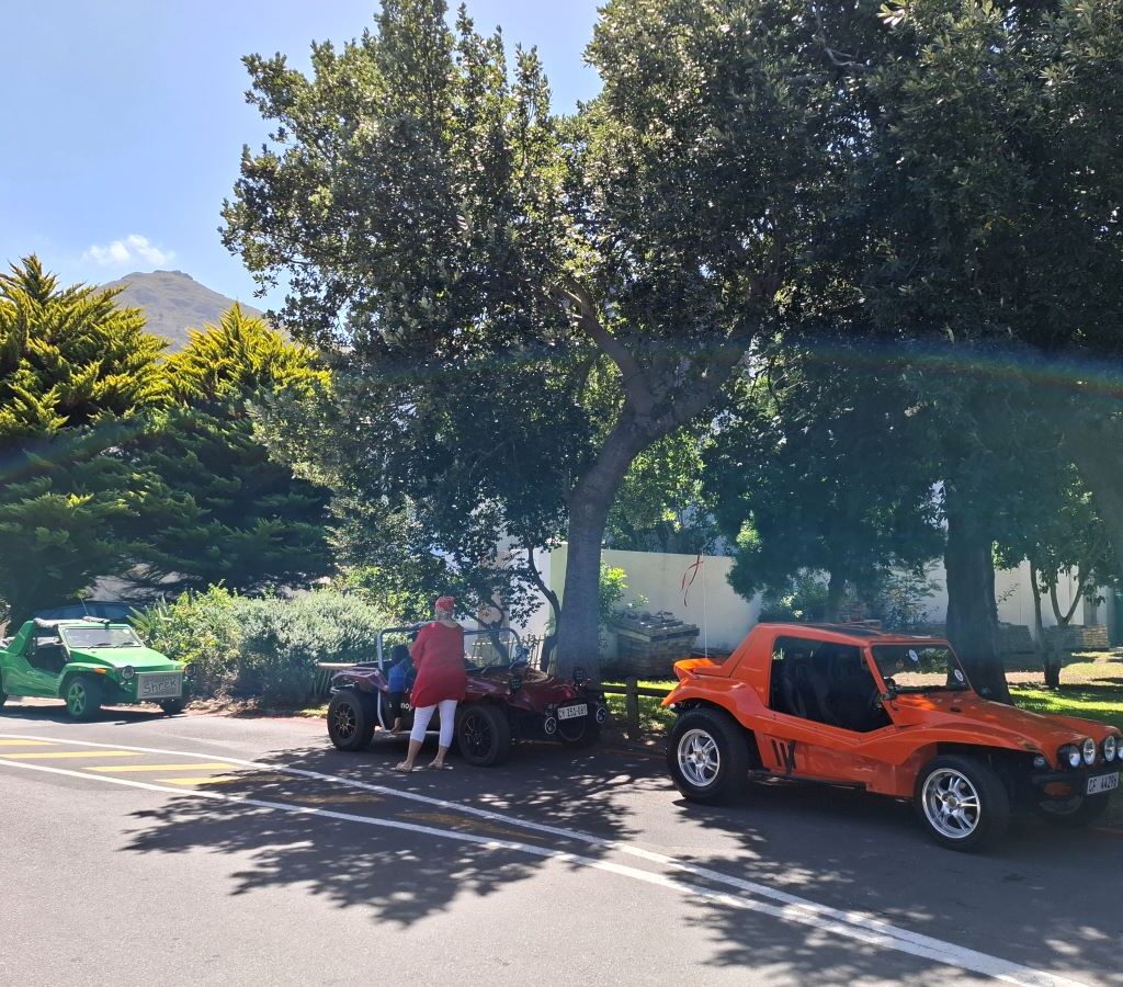 Anton Kleyn's "Shrek" Kango, Garry Fleming's "Emoji" Beamish, and Brent Van Der Weijde's "Mango" Salamander beach buggies parked at an ice cream stop during the Wild Buggers Beach Buggy Club's Valentine's Day run.
