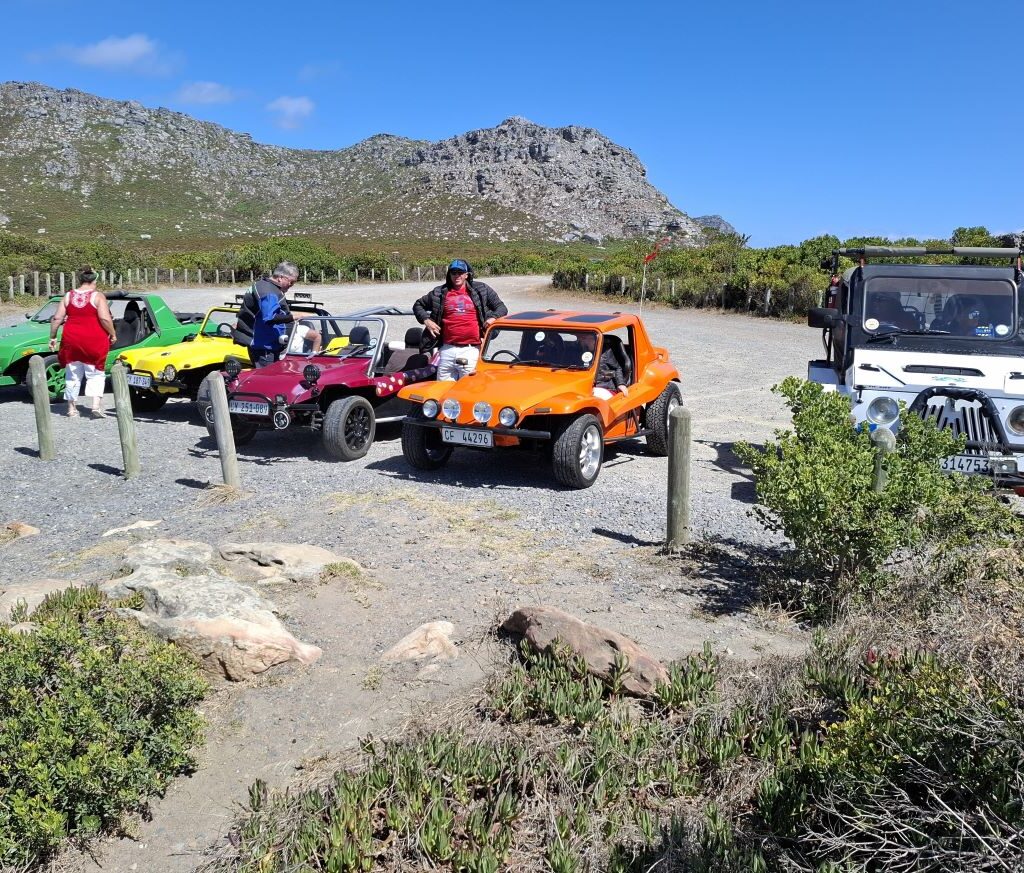 Classic beach buggies parked against a backdrop of stunning scenery during the Wild Buggers Beach Buggy Club's Valentine's Day run.