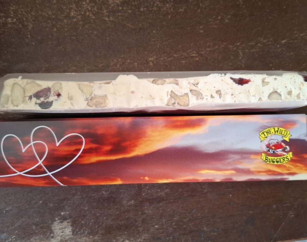 A nougat bar in custom Wild Buggers wrapping, made by Sam, as a gift for members of the Wild Buggers Beach Buggy Club's Valentine's Day run.