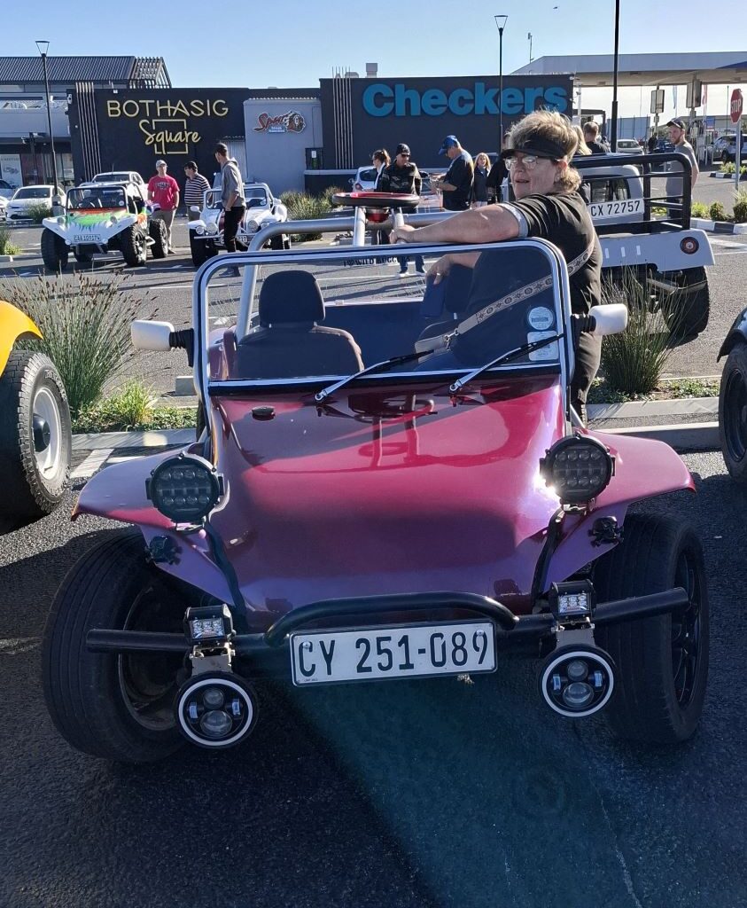 Isabelle enjoying the ride in their fun and quirky Emoji Beach Buggy at the Cape Buggy Tour 2025.