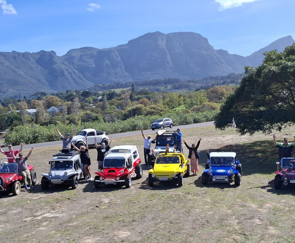 Cape Buggy Tour 2025 pit stop – beach buggies parked while members enjoy a break and share good times.