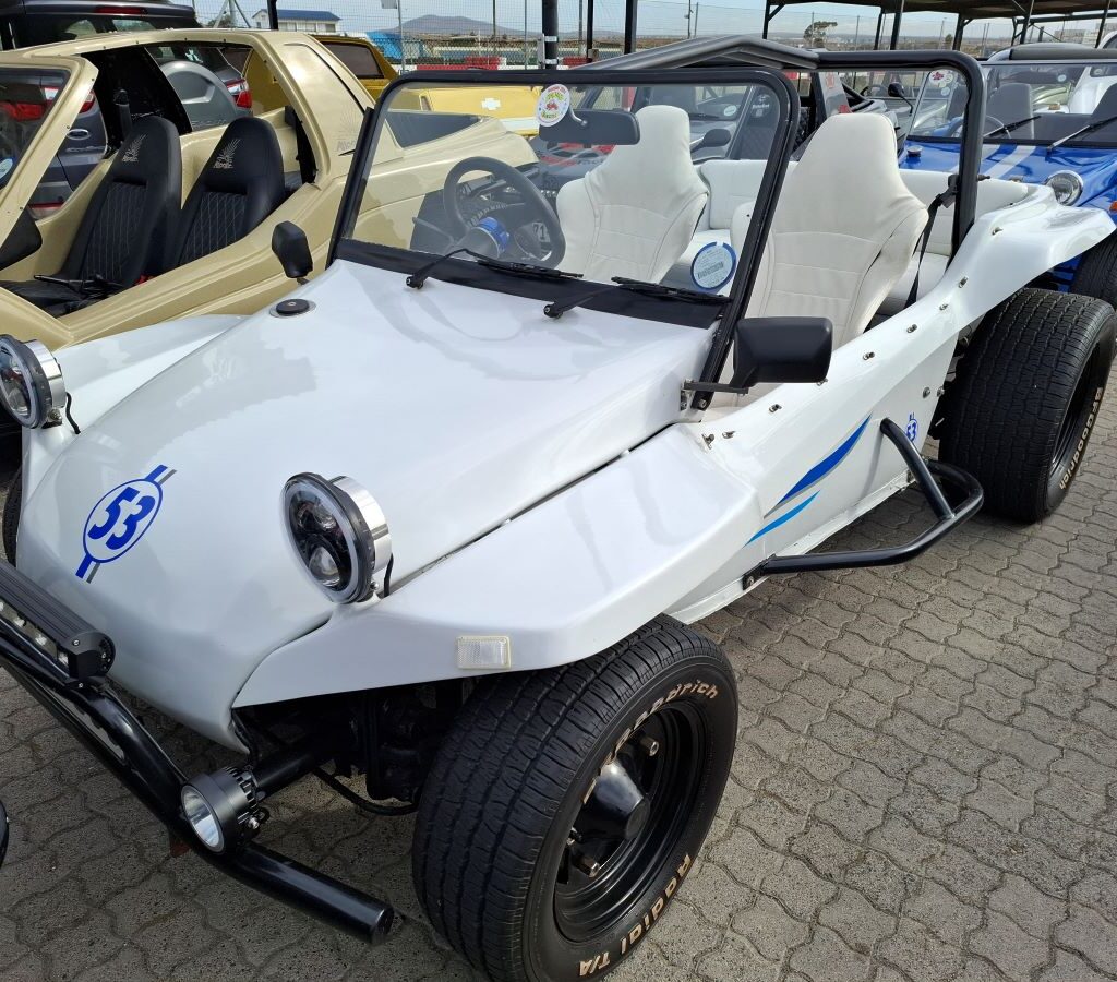 Nick Mitchell's white Beamish beach buggy, proudly displaying the number "53," at the Wild Buggers Reach for a Dream charity run.