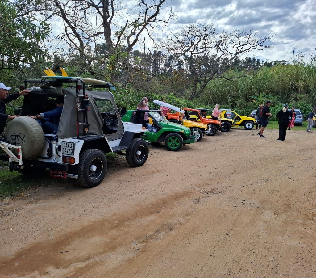 A line of beach buggies parked at Helderberg Farm on Wiehann's Run!