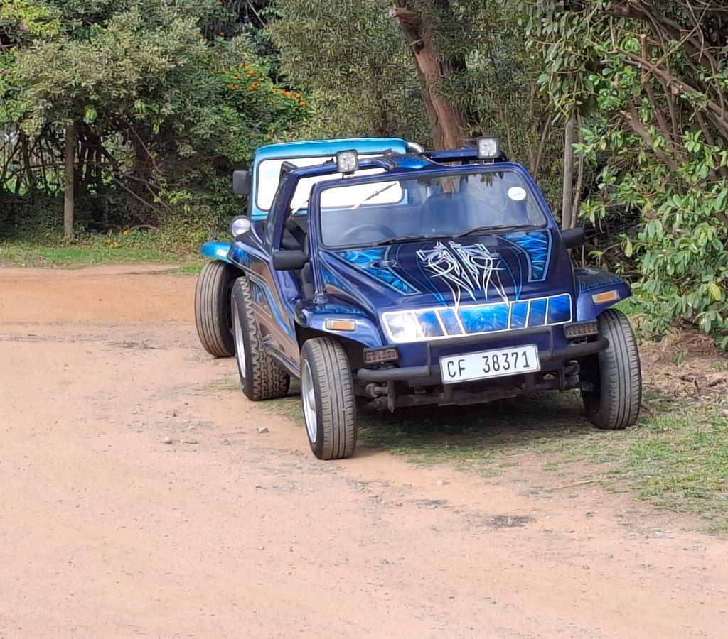 Lerene's vibrant blue Kango beach buggy, featuring a 1600 air-cooled Beetle motor and a custom spray job, parked outdoors, showcasing its unique design and pristine condition.