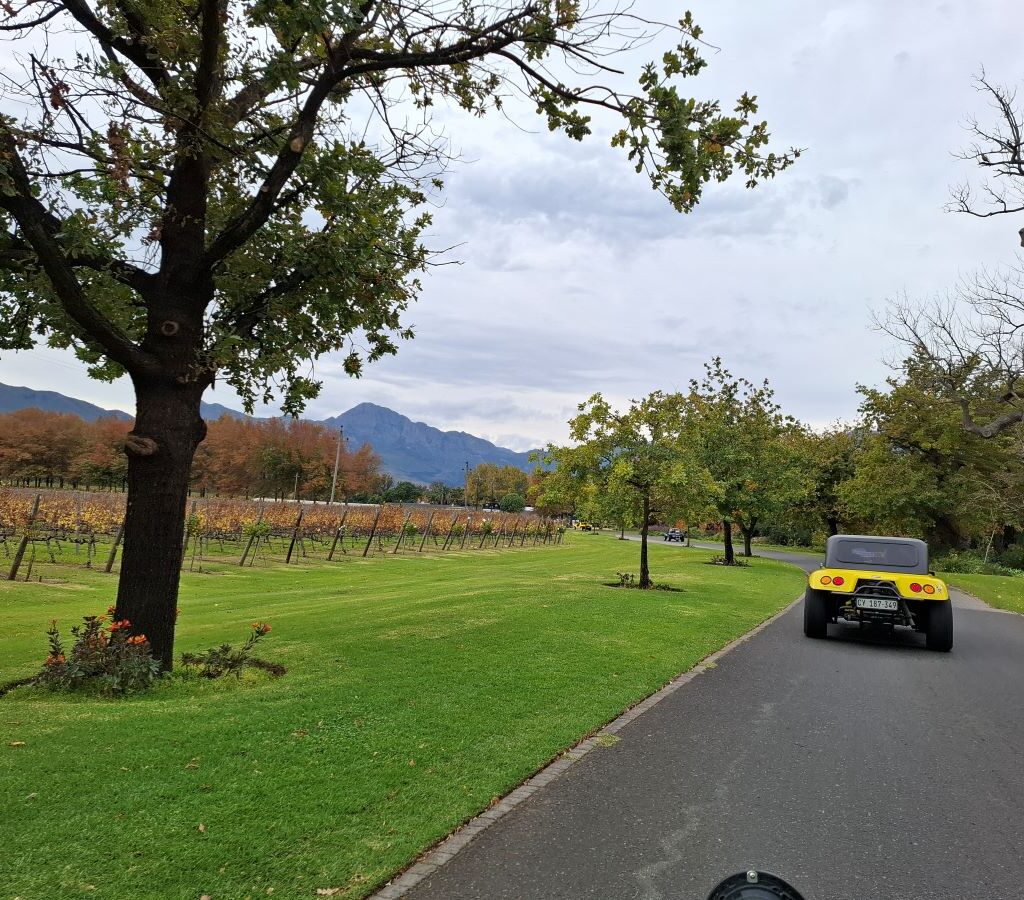 Wild Buggers beach buggies is seen entering the picturesque grounds of Lourensford Estate, with lush vineyards or gardens and elegant buildings visible in the background, signifying their arrival at the lunch stop of Wiehann's Run.