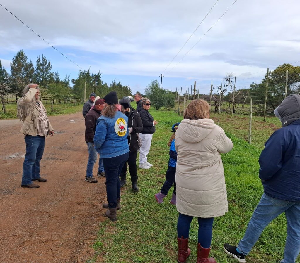 Wild Buggers club members standing on a gravel road, chatting and discussing the animals they saw in the "African Savanna" during Tony & Sue's Run, with Beach Buggies nearby.
