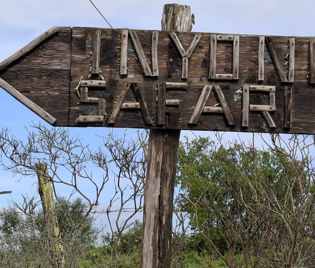 The Inyoni Safari sign board, marking one of the imaginative stops in the "African Savanna" visited by The Wild Buggers Beach Buggy Club during Tony & Sue's Run.