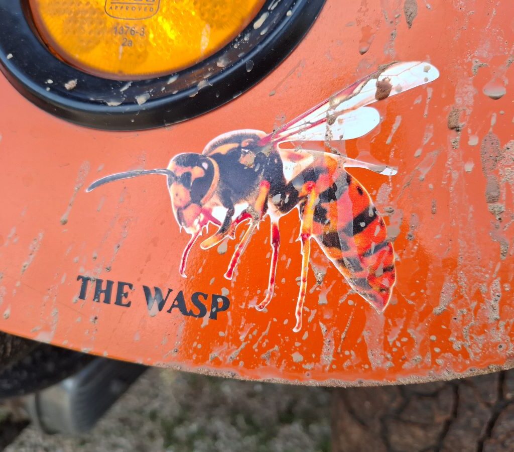 A close-up photo of Brent's new "The Wasp" sticker, seen on his Beach Buggy or VW Air-cooled vehicle, from The Wild Buggers' Tony & Sue's Run.