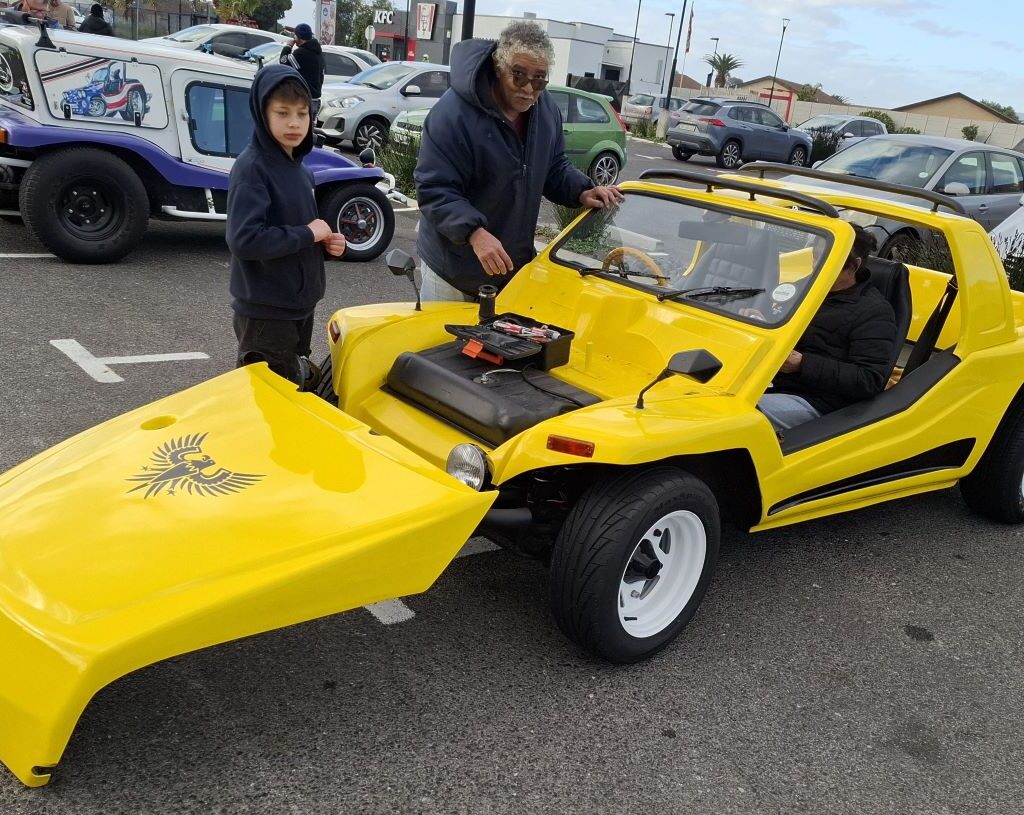 Fabian's yellow VW Air-Cooled Kango beach buggy with removable bonnet and toolbox storage at Wild Buggers 'Revving Up for the Lens' cruise