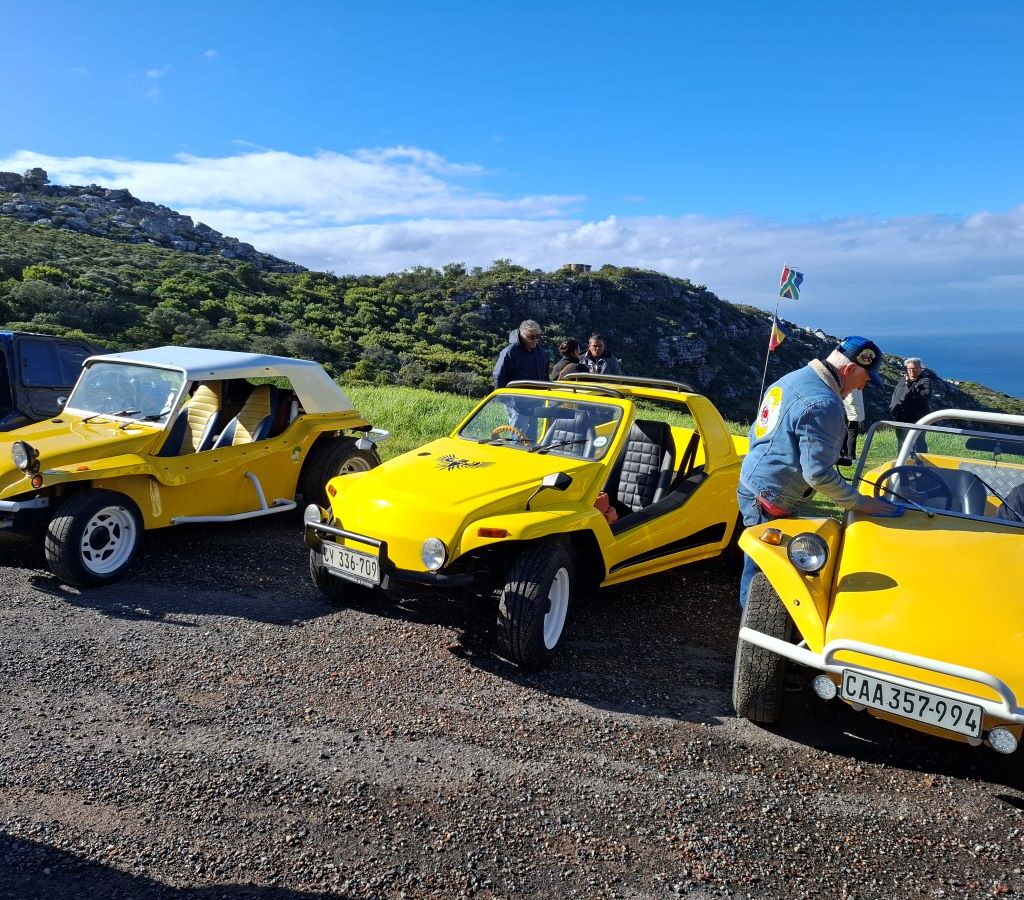 Wild Buggers beach buggies and VWs parked at Red Hill pitstop for photoshoot and interviews, with scenic views