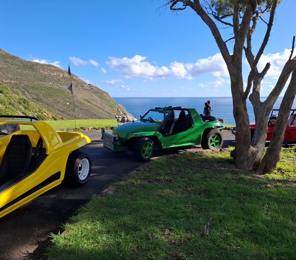 Wild Buggers beach buggies and VWs parked at Chapman's Peak lookout point with ocean in background