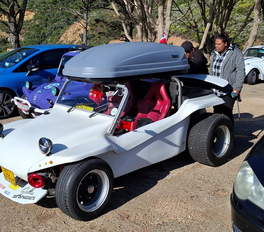 Nolan's white VW Air-Cooled Beamish beach buggy with roof carrier