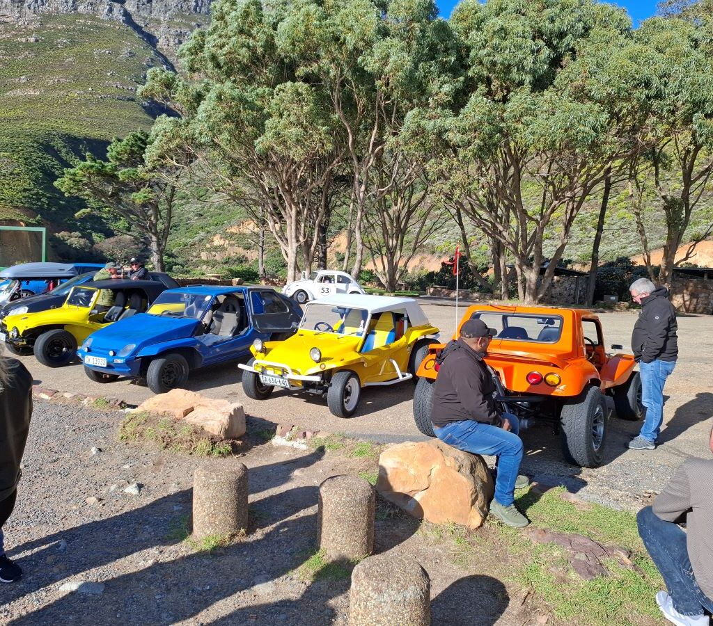 Group of Wild Buggers beach buggies and VWs parked on Chapman's Peak Drive