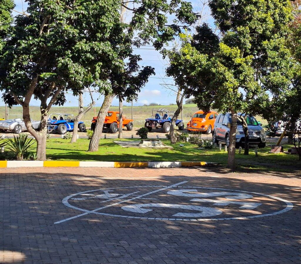 A photo of several Wild Buggers Beach Buggy Club vehicles, including beach buggies and VW Beetles, parked in the distance behind a line of trees at a coffee stop.