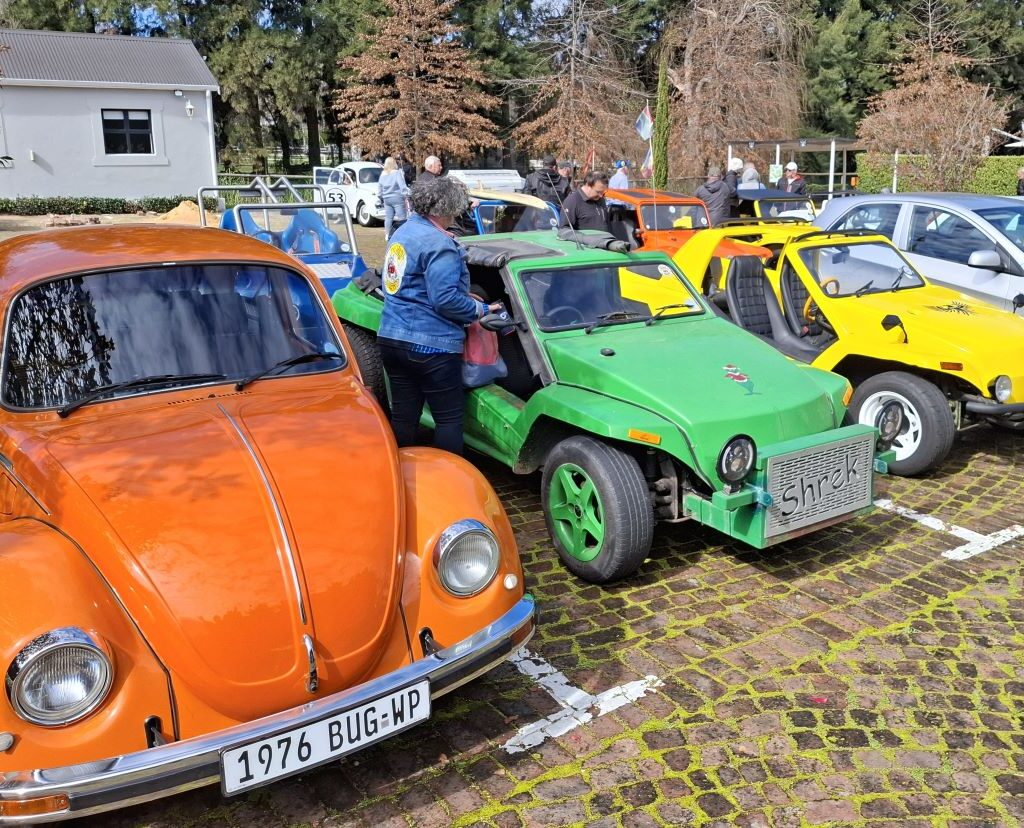 A photo of several Wild Buggers' vehicles, including beach buggies and VW Beetles, parked neatly in a parking lot at the Franschhoek Beer Company.
