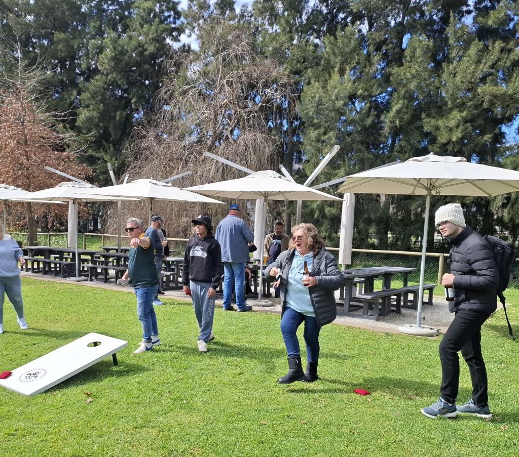 A photo of Wild Buggers Beach Buggy Club members taking turns throwing beanbags at a raised wooden platform with holes in it at the Franschhoek Beer Company, playing a lawn game.