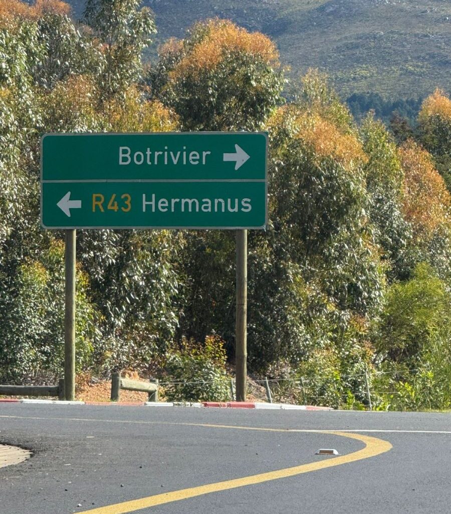 A photo of a road sign showing directions to Botrivier and Hermanus, indicating the group has chosen the Botrivier route.