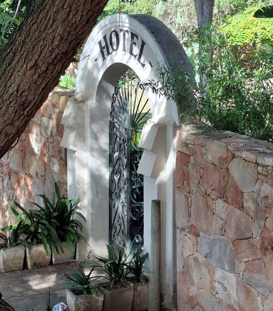 A photo of the large, welcoming entrance gate to the Botrivier Hotel, the final destination for lunch on the Wild Buggers' run.