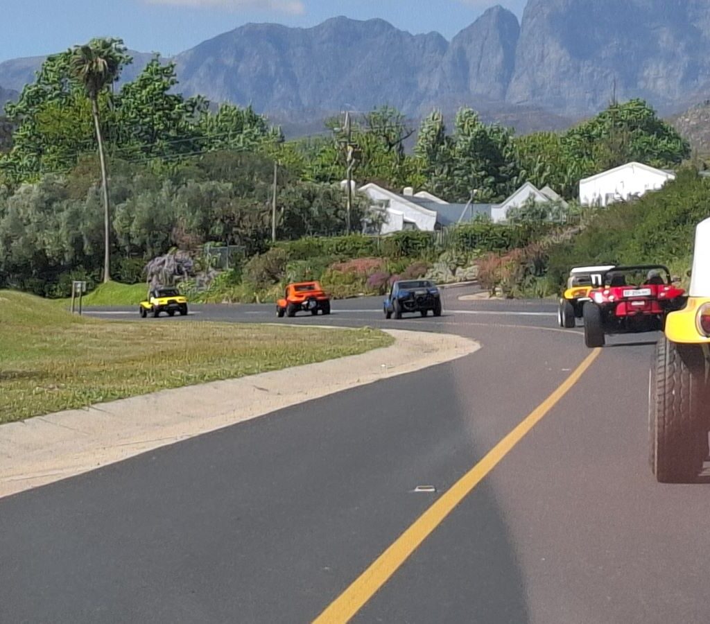 A beautiful photo capturing a long, vibrant convoy of seven Wild Buggers Beach Buggies—Anthony's BumbleBee, Brent's The Wasp, Rhoodie's Kango, Chris's Zara's Buggy, Anton Horne's Hornet, Jacques's Beamish, and the President Anton Kleyn's Shrek—driving in a line along a winding, scenic road during the club drive.