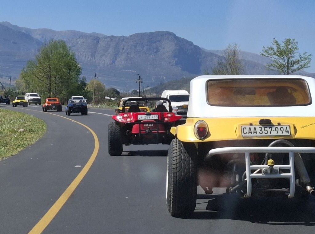 A stunning, wide-angle photo showing a convoy of nine brightly colored Wild Buggers Beach Buggies—including Nick's, Clive's, Anthony's, Brent's, Rhoodie's, Chris's, Anton's, Jacques's, and your own—driving in a line along a beautiful, scenic road, showcasing the club's iconic VW air-cooled vehicles in action.