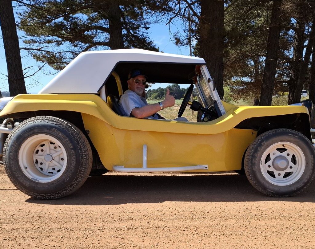 Jacques's yellow VW air-cooled Beamish Beach Buggy, powered by a 1600cc VW Beetle motor, is pictured on a quick roadside pitstop.