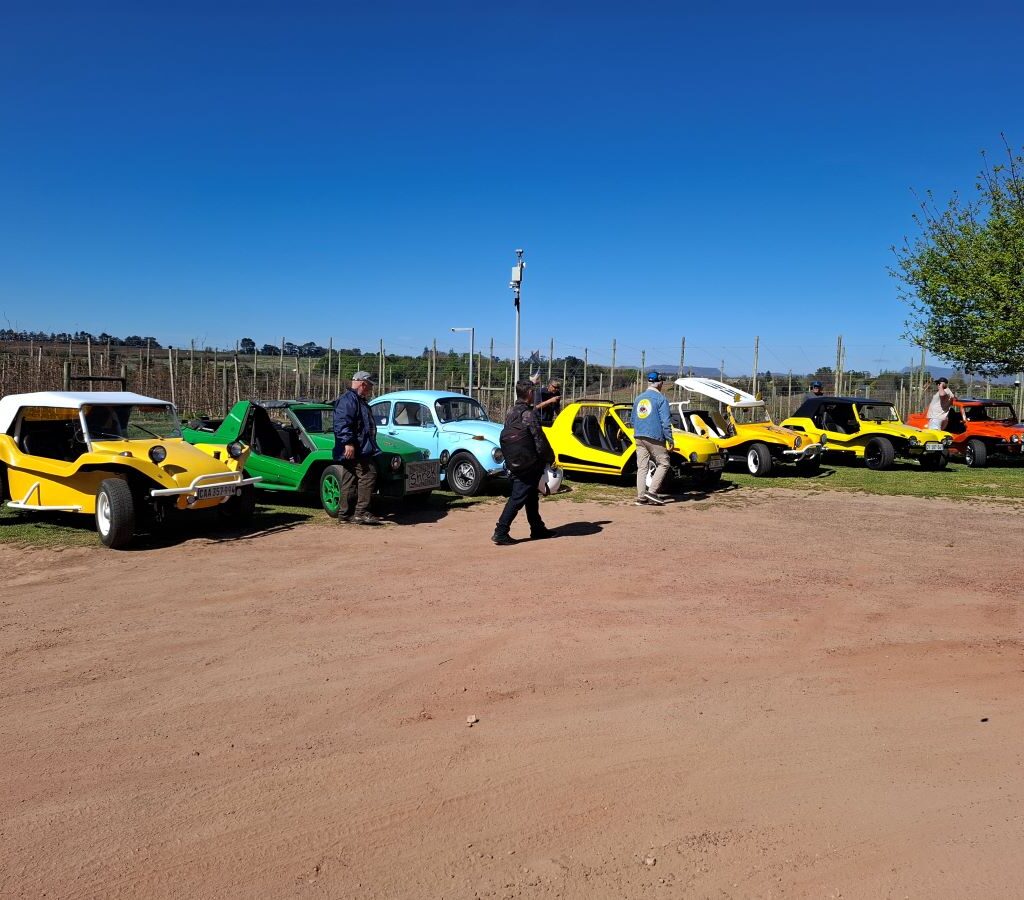 A line of VW Air cooled vehicles, including Beach Buggys, parked at Peregrine Farm Stall during the Wild Buggers' Zara's Run.