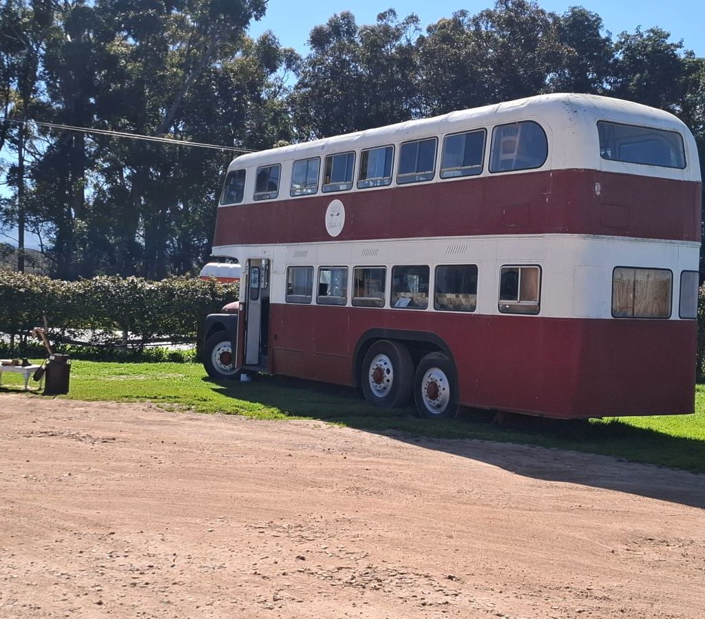 An old bus, not a Volkswagen, on display at Peregrine Farm Stall, pictured during the Wild Buggers' stop.