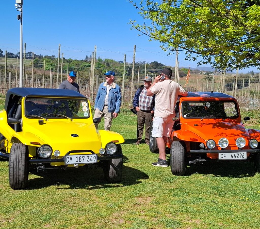 A group of Wild Buggers members chatting around Anthony's and Brent's VW beach buggys at the Peregrine Farm Stall stop.
