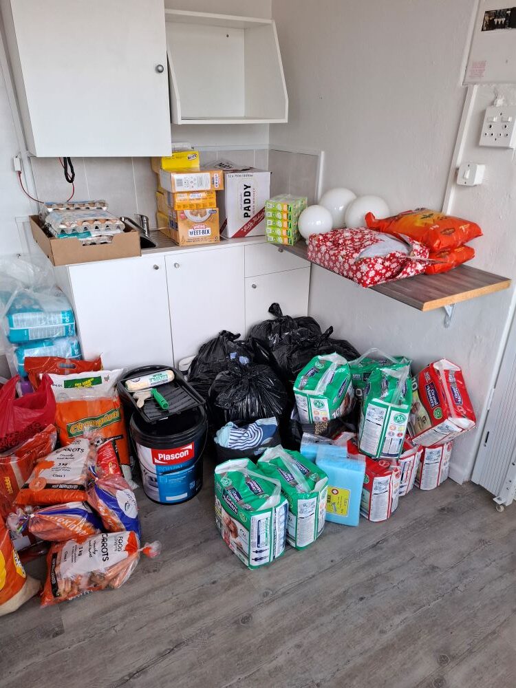 Bulk household and grocery donations purchased with funds raised by The Wild Buggers Beach Buggy Club for Badisa Goue Aar.