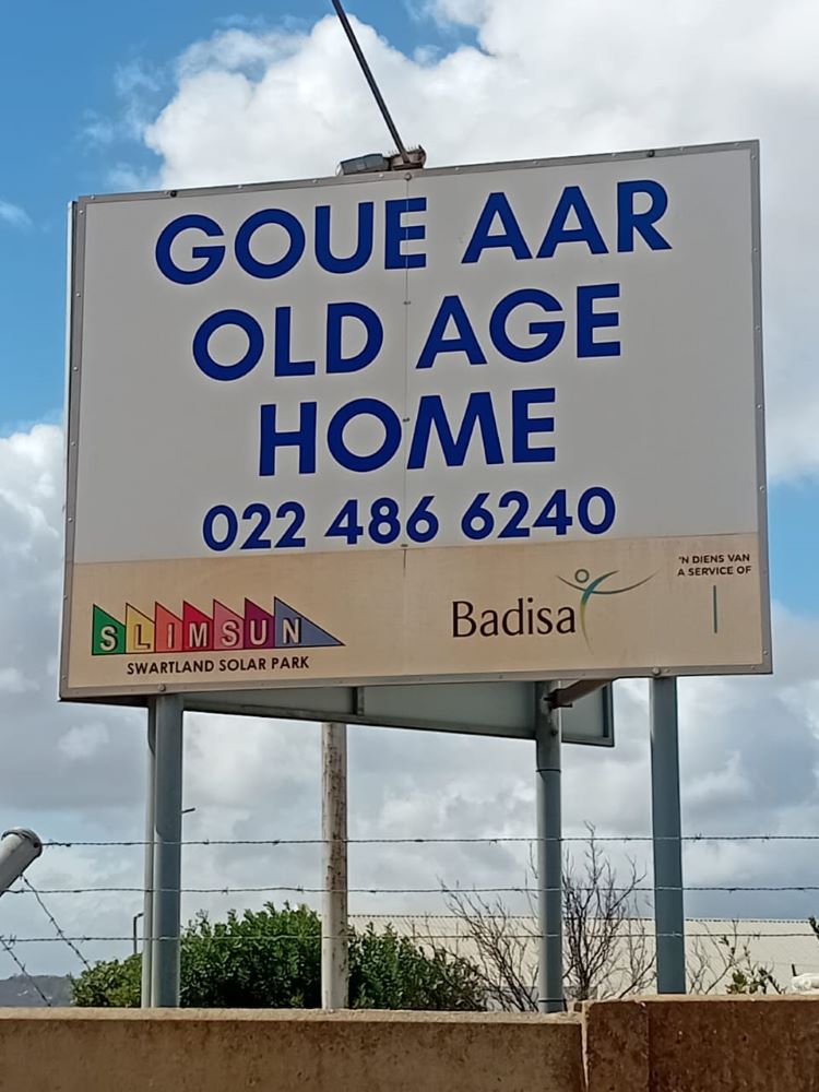 The official sign for the Goue Aar Old Age Home in Malmesbury, a service of Badisa, sponsored by Slimsun Swartland Solar Park.