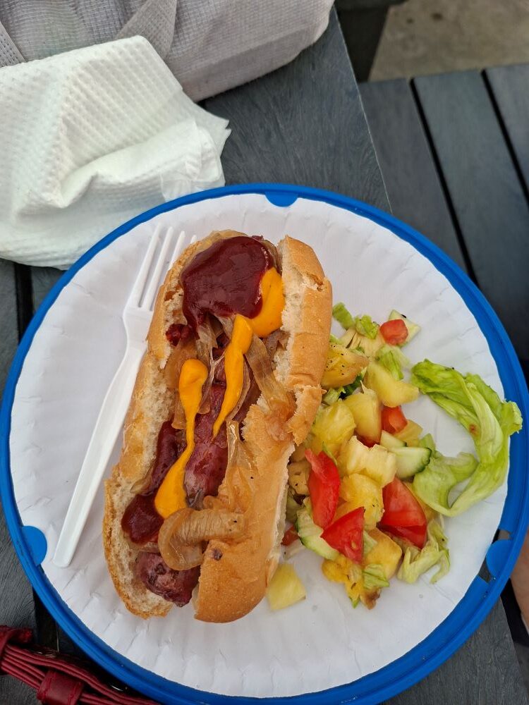 A close-up view of a large boerewors roll with fried onions, mustard, and tomato sauce, served on a paper plate with a fresh side salad.